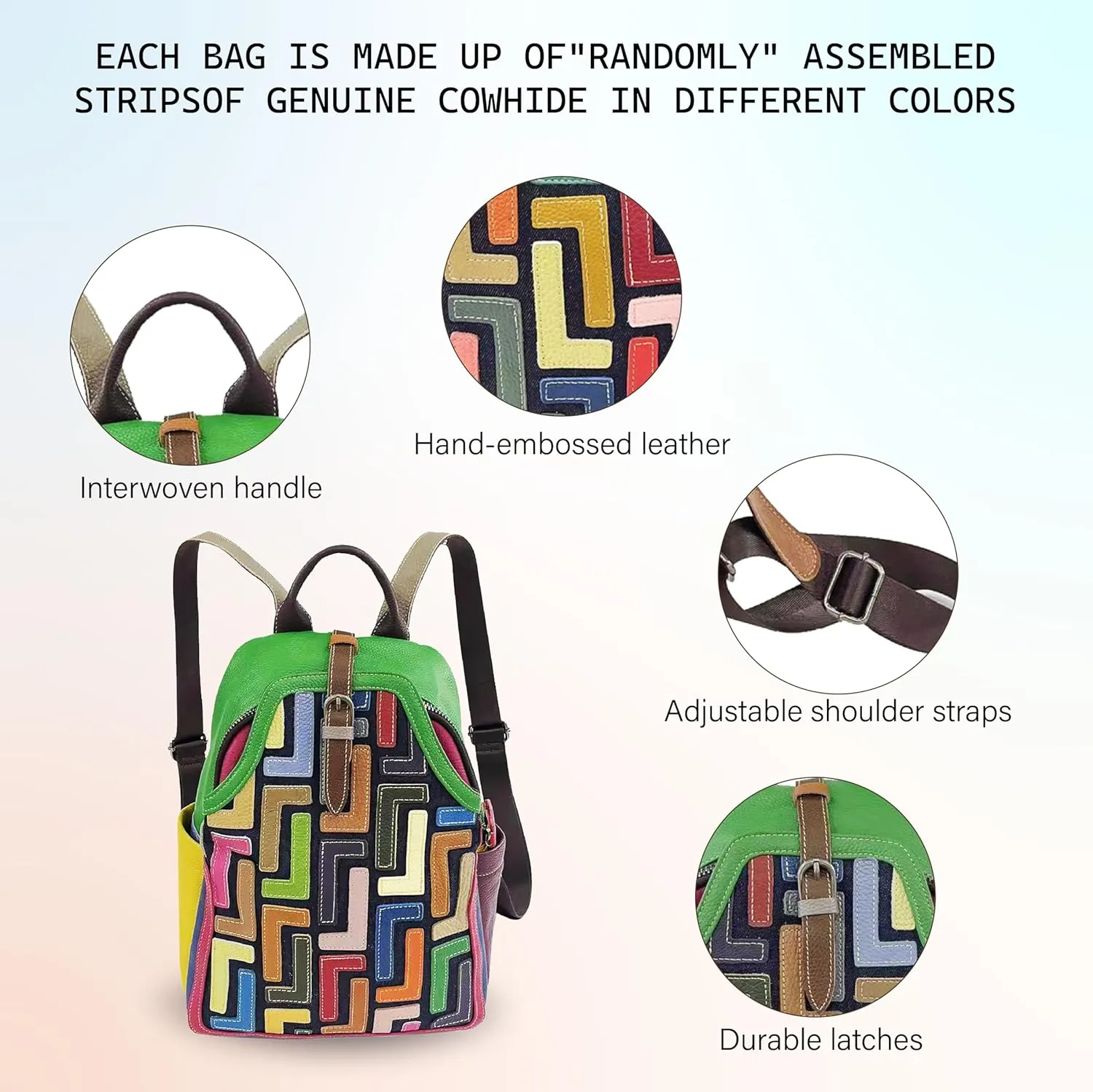 Riutiru Handmade Cowhide Multi Color Block Random Splicing Unique Style Backpack, Daily work and Travel (5802 Green)