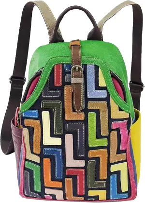 Riutiru Handmade Cowhide Multi Color Block Random Splicing Unique Style Backpack, Daily work and Travel (5802 Green)