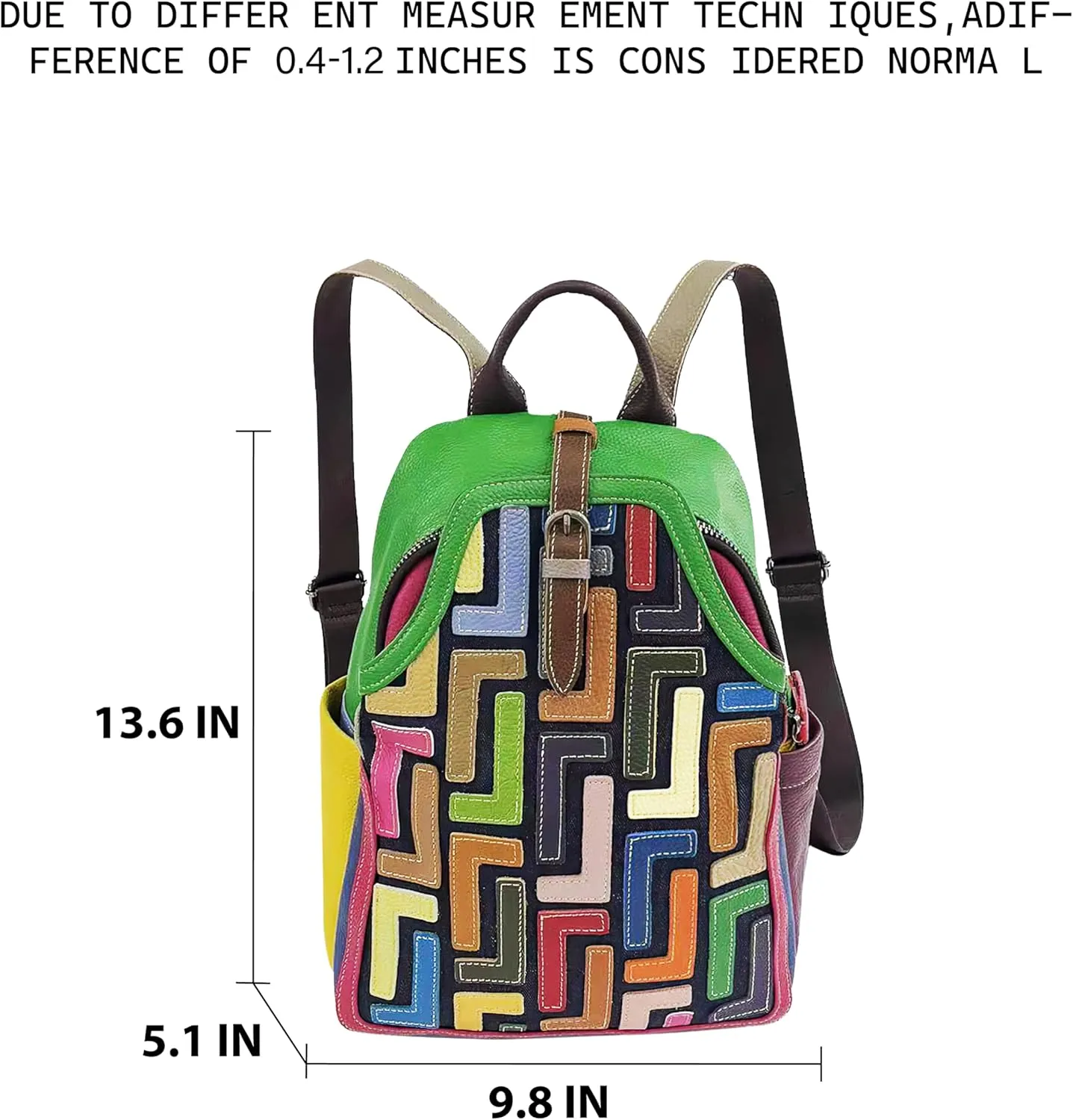 Riutiru Handmade Cowhide Multi Color Block Random Splicing Unique Style Backpack, Daily work and Travel (5802 Green)