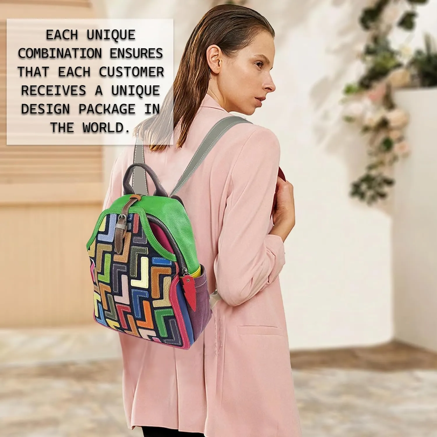 Riutiru Handmade Cowhide Multi Color Block Random Splicing Unique Style Backpack, Daily work and Travel (5802 Green)