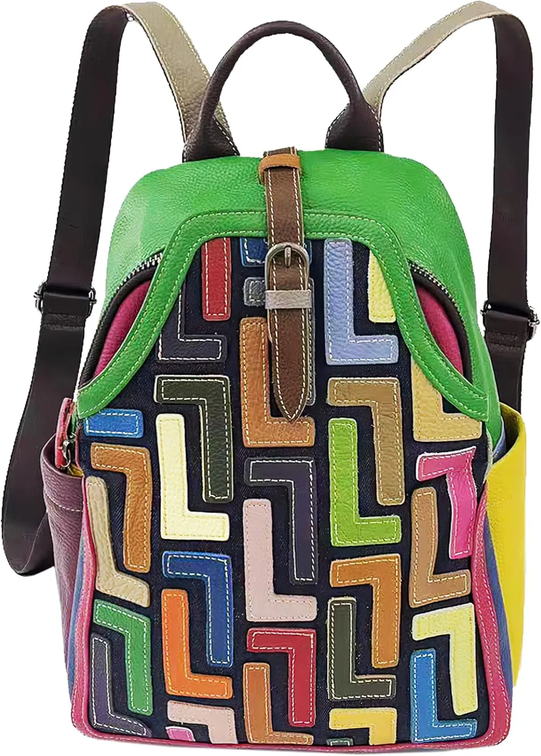 Riutiru Handmade Cowhide Multi Color Block Random Splicing Unique Style Backpack, Daily work and Travel (5802 Green)