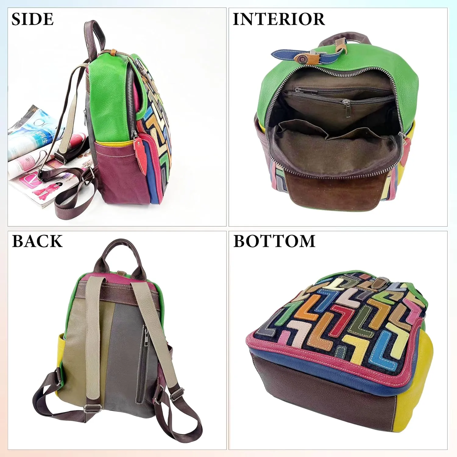 Riutiru Handmade Cowhide Multi Color Block Random Splicing Unique Style Backpack, Daily work and Travel (5802 Green)