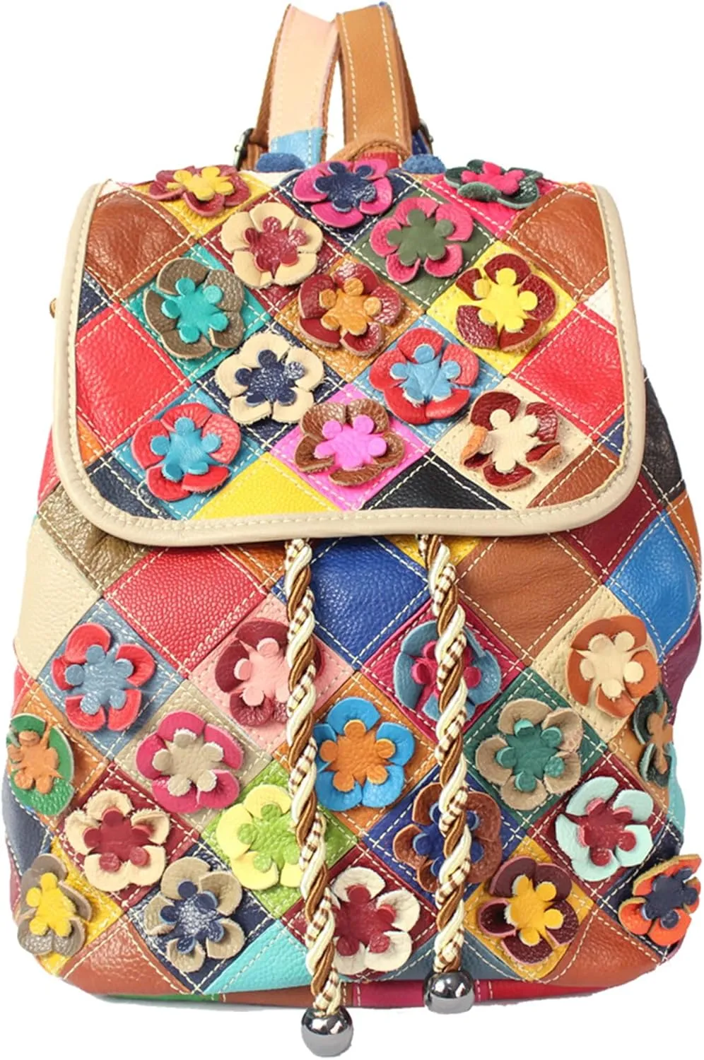 Riutiru Handmade Cowhide Multi Color Block Random Splicing Unique Style Backpack, Daily work and Travel (662)