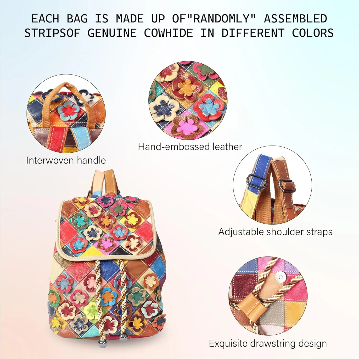 Riutiru Handmade Cowhide Multi Color Block Random Splicing Unique Style Backpack, Daily work and Travel (662)