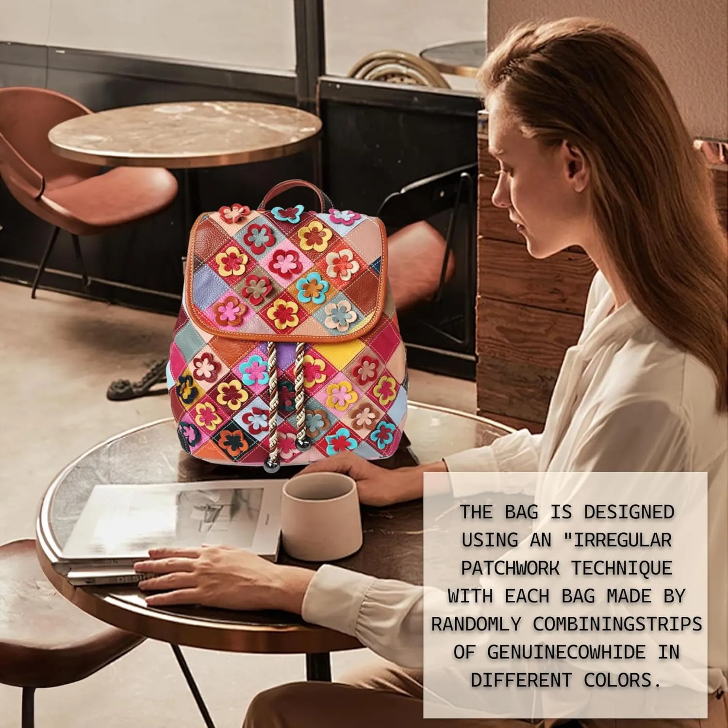 Riutiru Handmade Cowhide Multi Color Block Random Splicing Unique Style Backpack, Daily work and Travel (662)