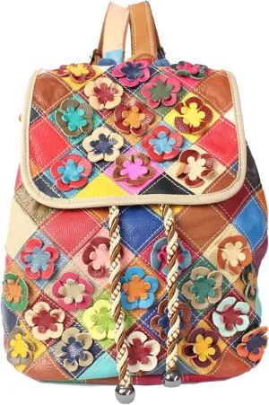 Riutiru Handmade Cowhide Multi Color Block Random Splicing Unique Style Backpack, Daily work and Travel (662)