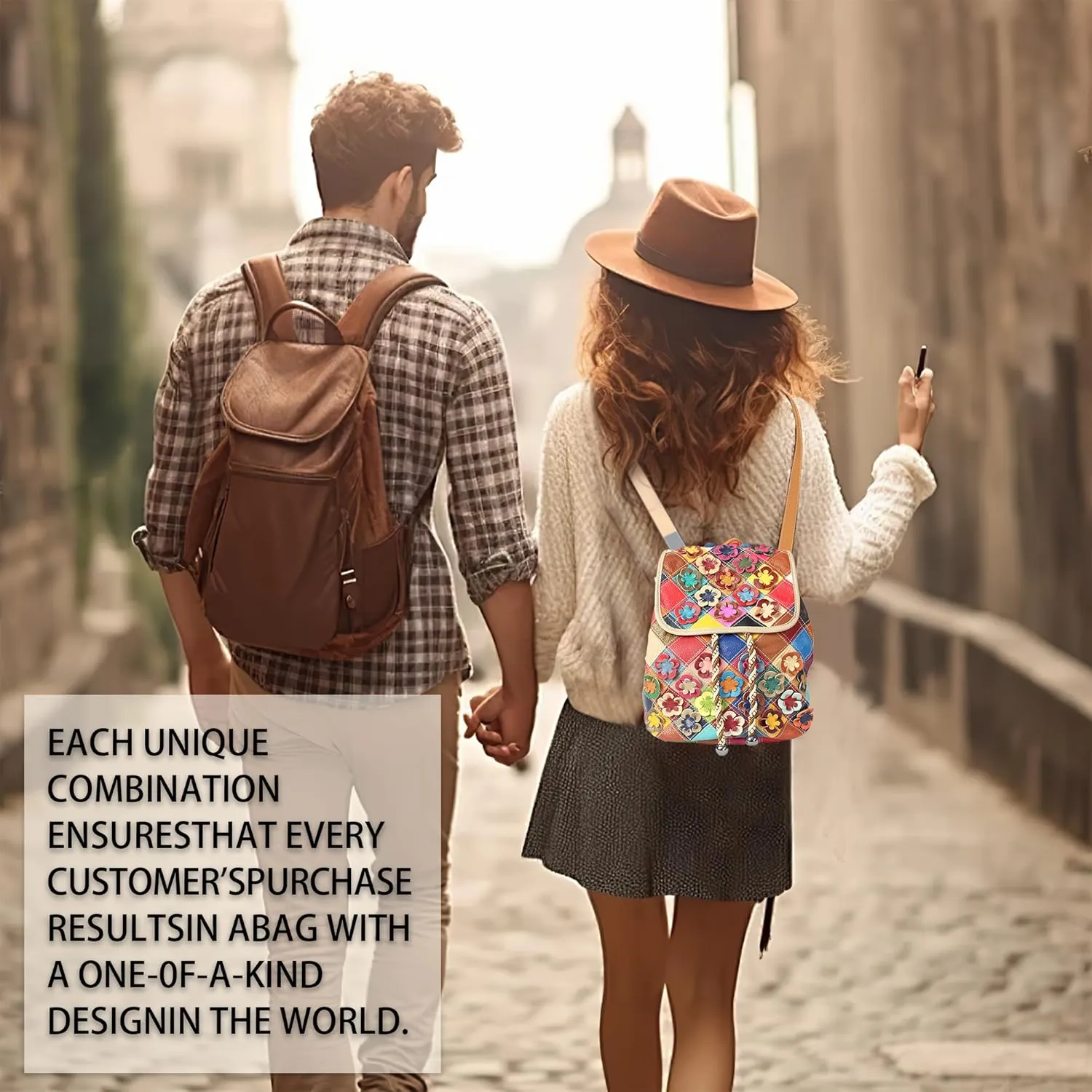 Riutiru Handmade Cowhide Multi Color Block Random Splicing Unique Style Backpack, Daily work and Travel (662)