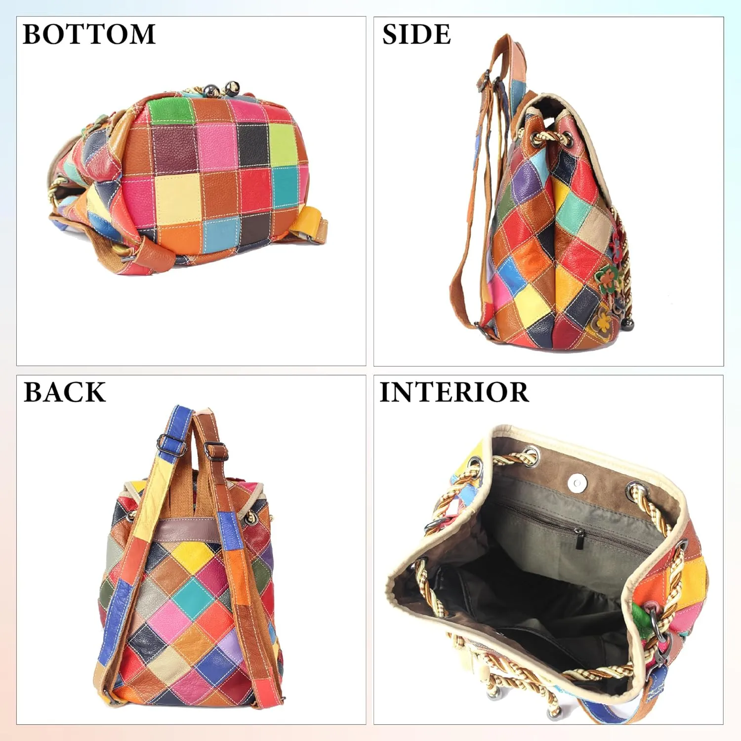 Riutiru Handmade Cowhide Multi Color Block Random Splicing Unique Style Backpack, Daily work and Travel (662)