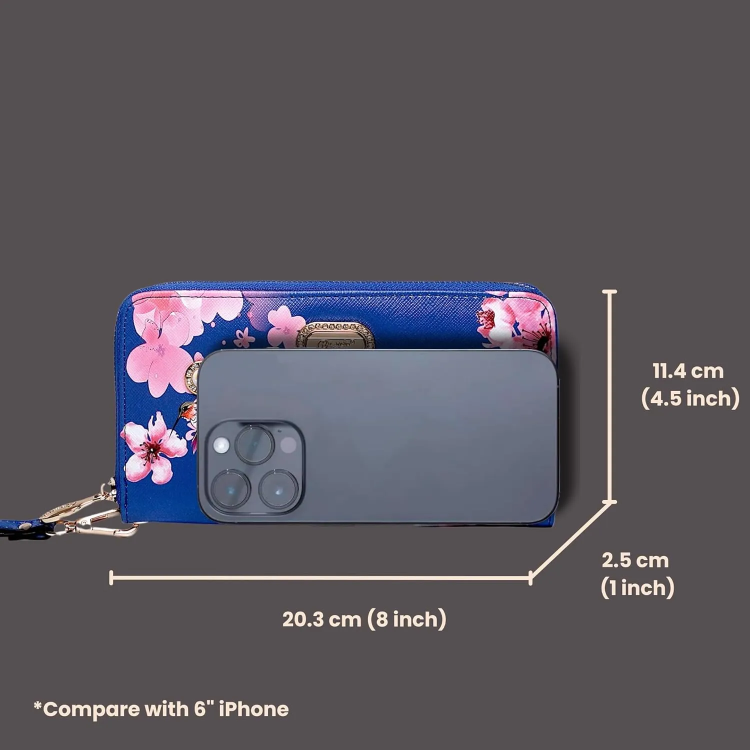 Royal Bloom Women's Zippered Wallet, Designer Wristlet with Floral Print and Crystal Embellishments (Black)