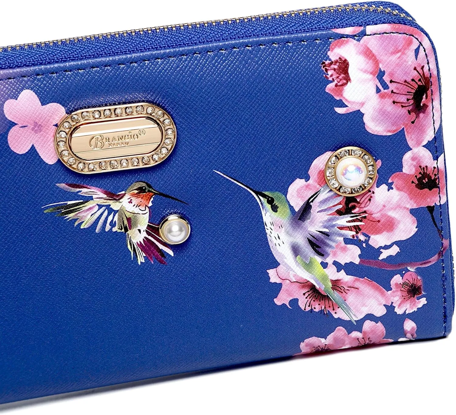 Royal Bloom Women's Zippered Wallet, Designer Wristlet with Floral Print and Crystal Embellishments (Black)