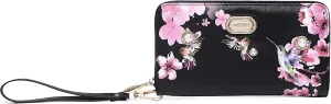 Royal Bloom Women's Zippered Wallet, Designer Wristlet with Floral Print and Crystal Embellishments (Black)