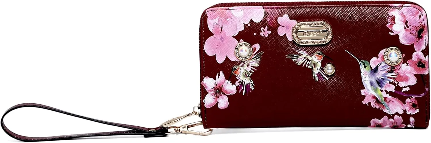 Royal Bloom Women's Zippered Wallet, Designer Wristlet with Floral Print and Crystal Embellishments (Burgundy)