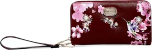 Royal Bloom Women's Zippered Wallet, Designer Wristlet with Floral Print and Crystal Embellishments (Burgundy)