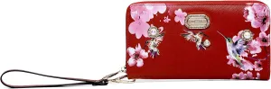 Royal Bloom Women's Zippered Wallet, Designer Wristlet with Floral Print and Crystal Embellishments (Red)