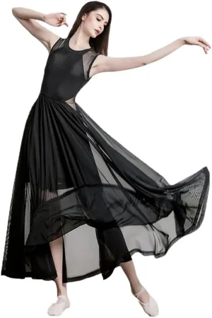 ROYAL SMEELA Women Lyrical Dance Dress Elegant Modern Contemporary Dance Costume Sleeveless Flowy Mesh Tulle Maxi Long Skirt