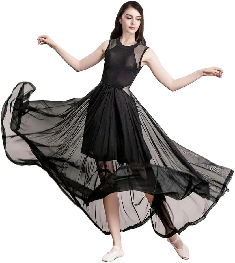 ROYAL SMEELA Women Lyrical Dance Dress Elegant Modern Contemporary Dance Costume Sleeveless Flowy Mesh Tulle Maxi Long Skirt