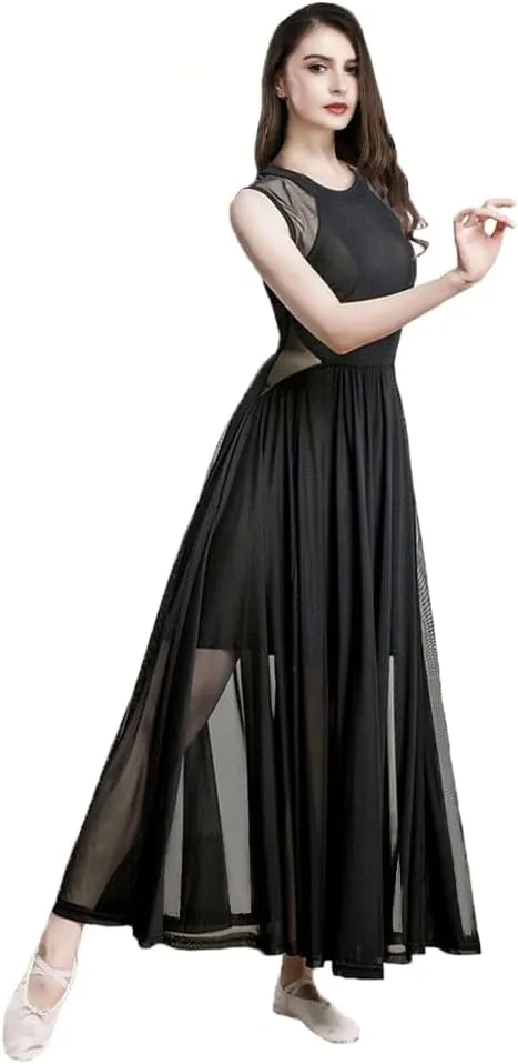 ROYAL SMEELA Women Lyrical Dance Dress Elegant Modern Contemporary Dance Costume Sleeveless Flowy Mesh Tulle Maxi Long Skirt