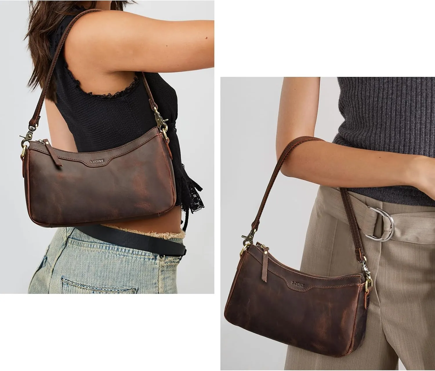 S-ZONE Leather Shoulder Bag for Women Small Crossbody Bags Hobo Purses with 2 Straps