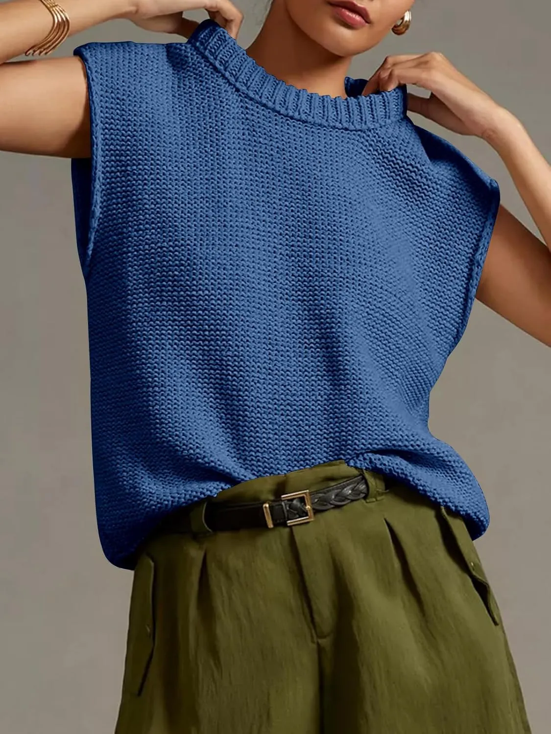 Saodimallsu Womens Sleeveless Crewneck Sweaters Ribbed Knit Tank Tops 2025 Trendy Sweater Vest