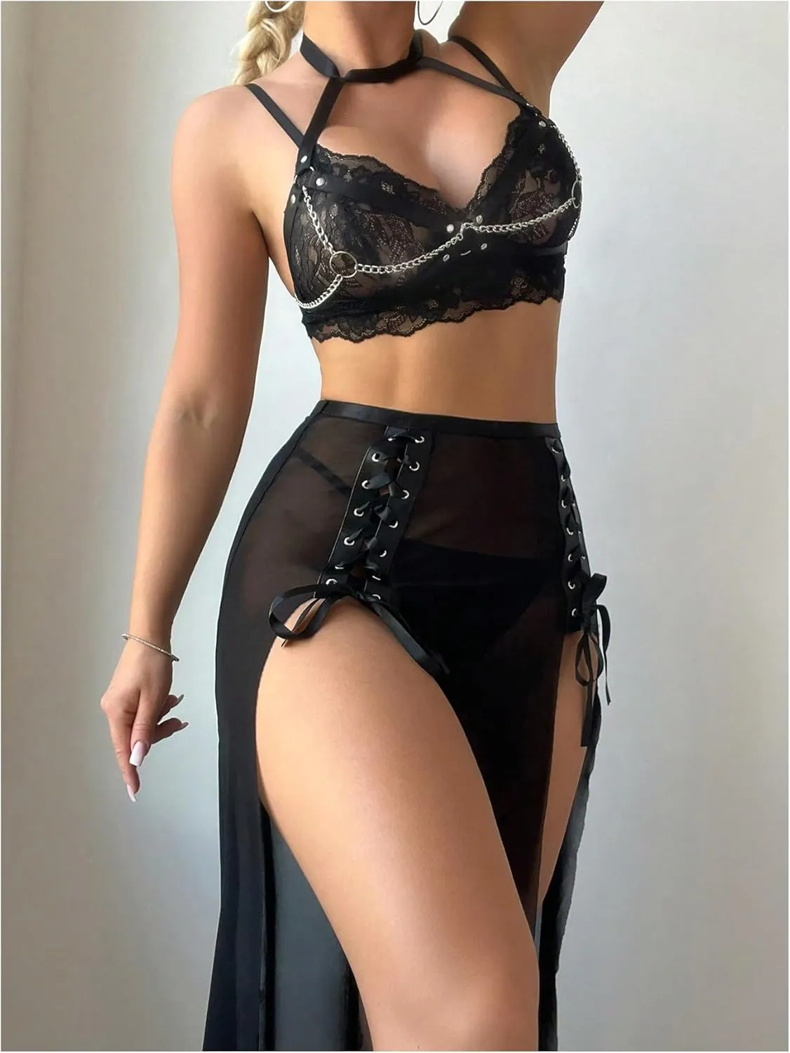 SHENHE Women's 4 Piece Lace Lingerie Set Sheer Spaghetti Strap Bra and Thong with Mesh Slit Skirt