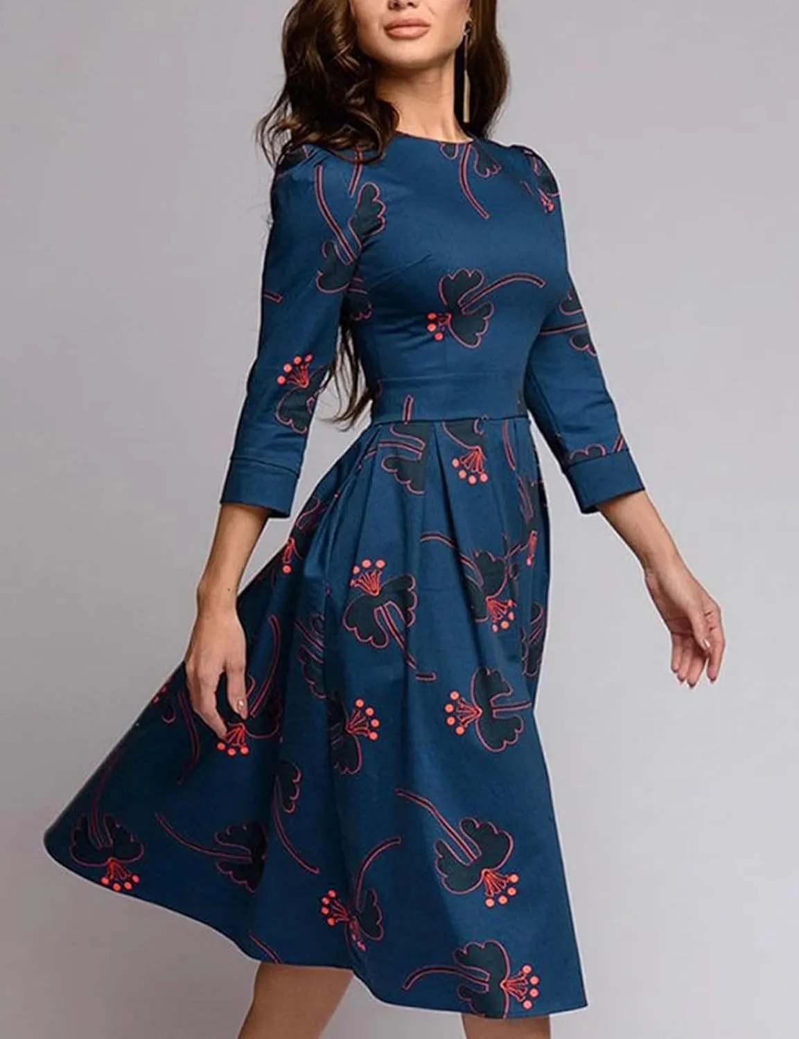 Simple Flavor Women's Floral Evening Flare Vintage Midi Dress 3/4 Sleeve