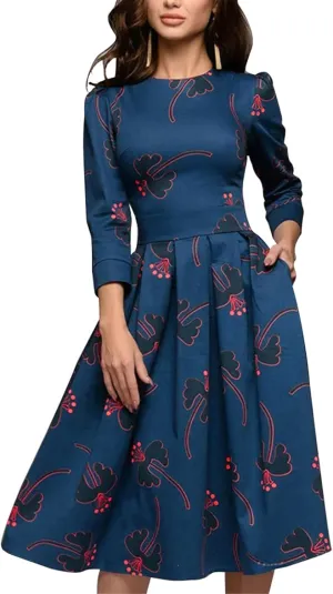 Simple Flavor Women's Floral Evening Flare Vintage Midi Dress 3/4 Sleeve