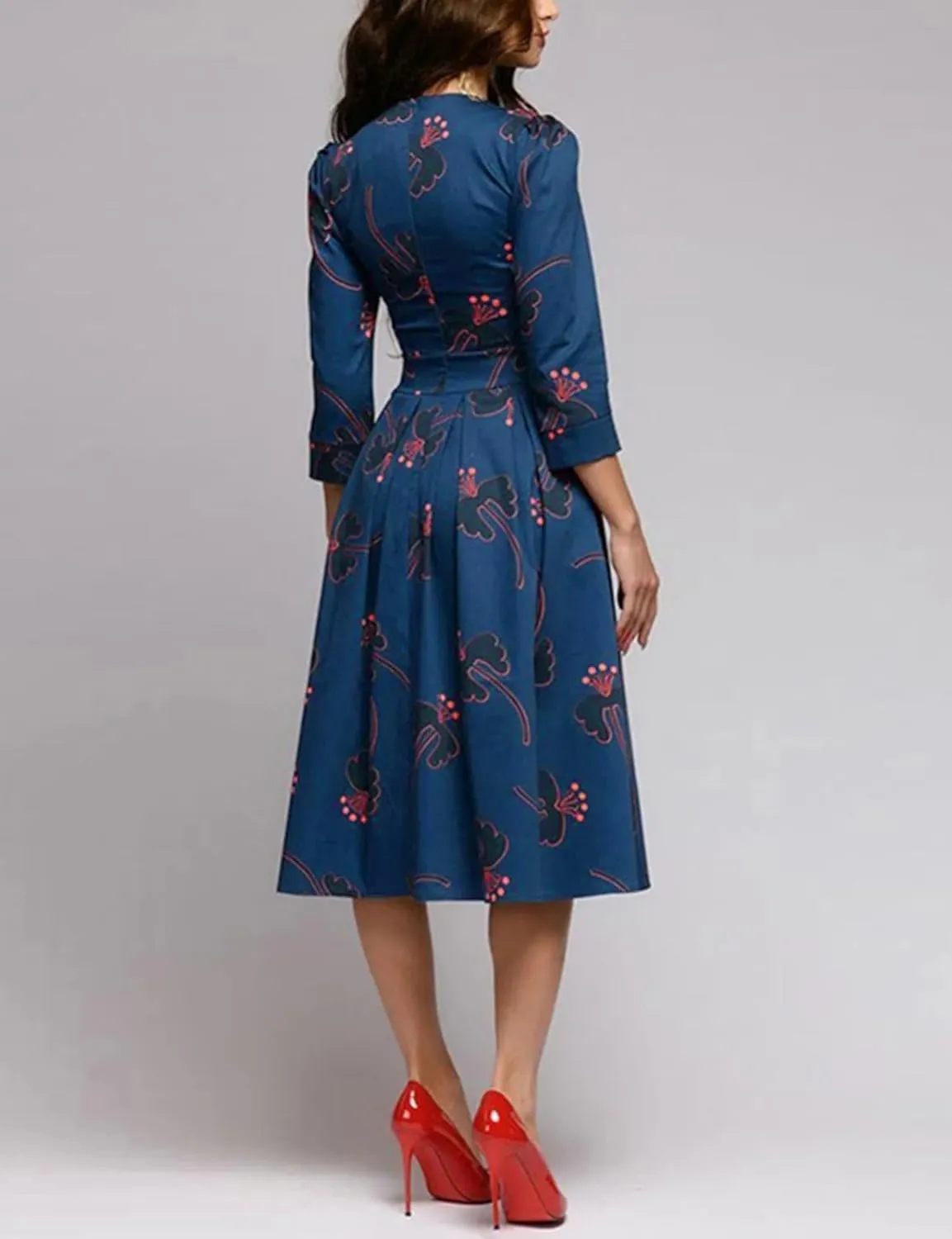 Simple Flavor Women's Floral Evening Flare Vintage Midi Dress 3/4 Sleeve