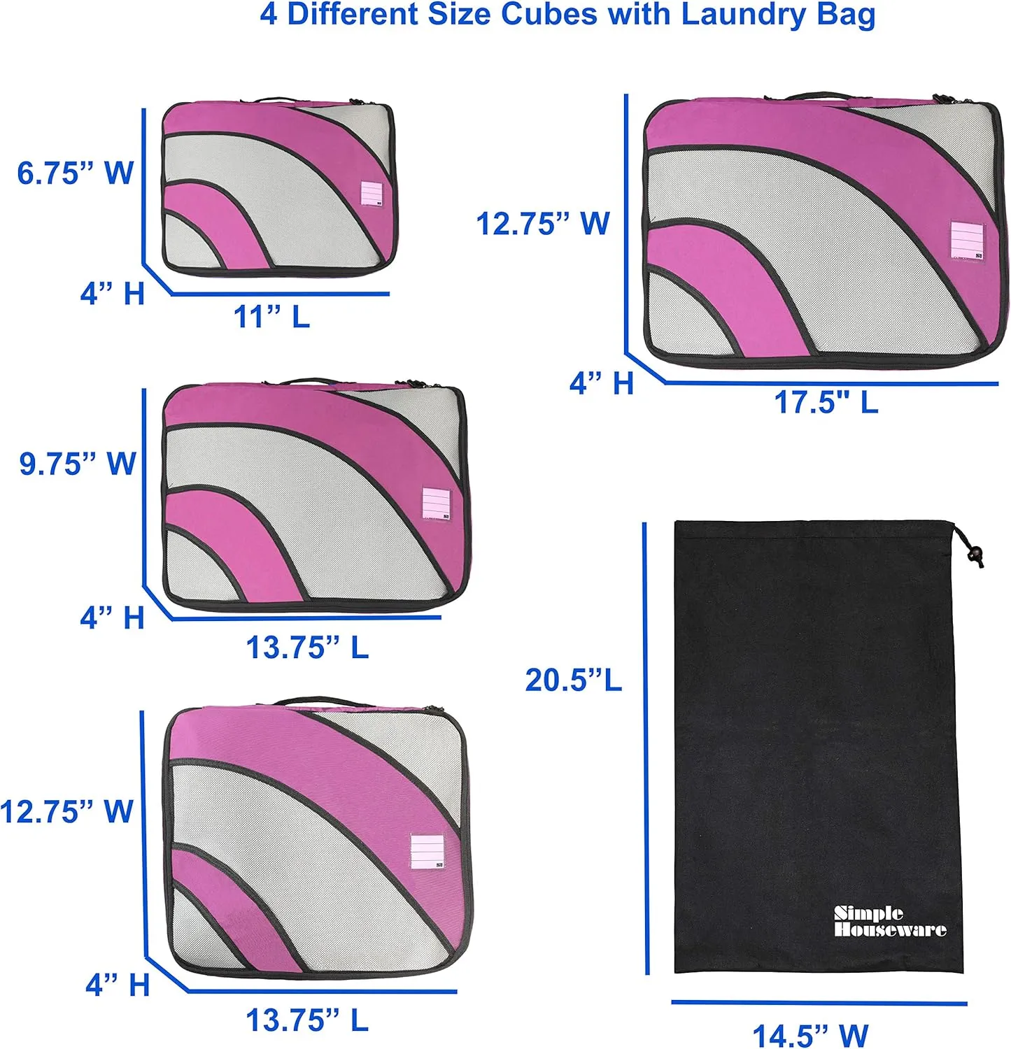 Simple Houseware 4 Set Packing Cube - Travel Organizers with Laundry Bag, Pink