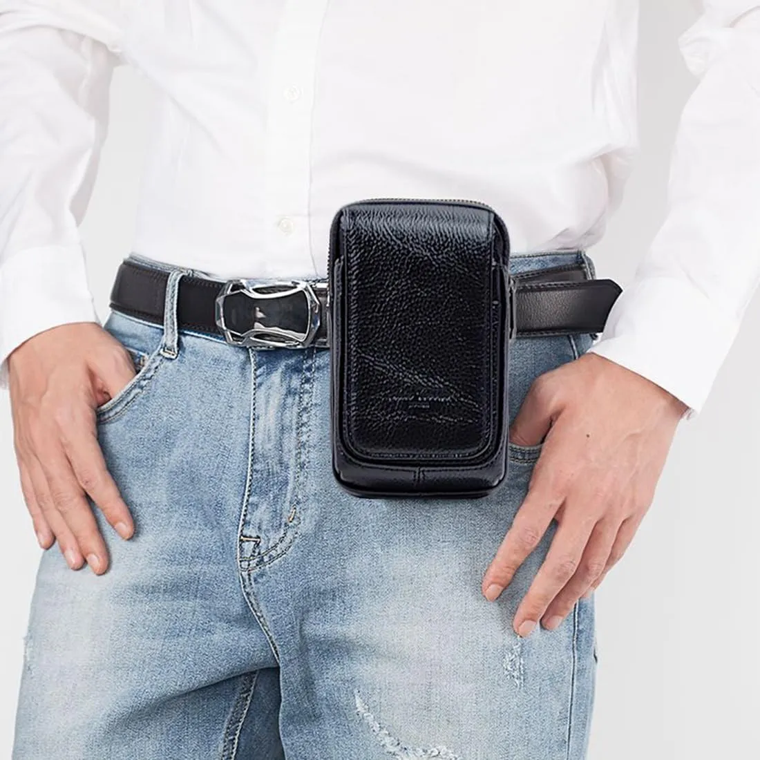 Simple Vintage Leather Waist Bag Fanny Pack Hip Bumbag with Adjustable Shoulder Strap Black