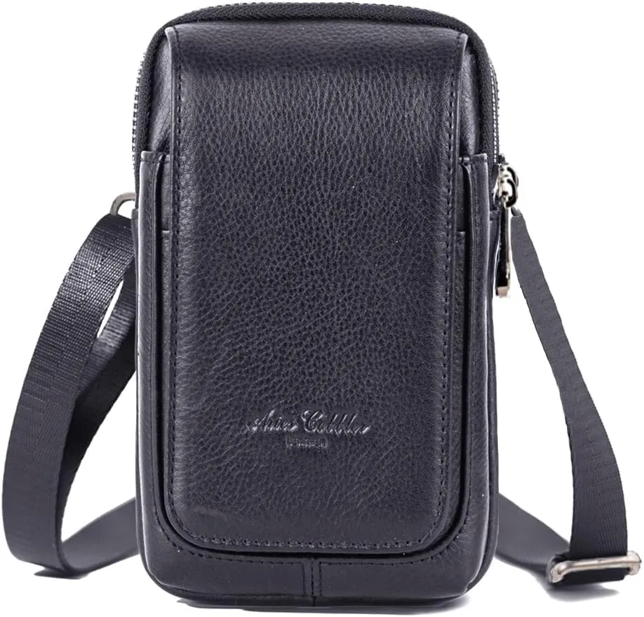 Simple Vintage Leather Waist Bag Fanny Pack Hip Bumbag with Adjustable Shoulder Strap Black