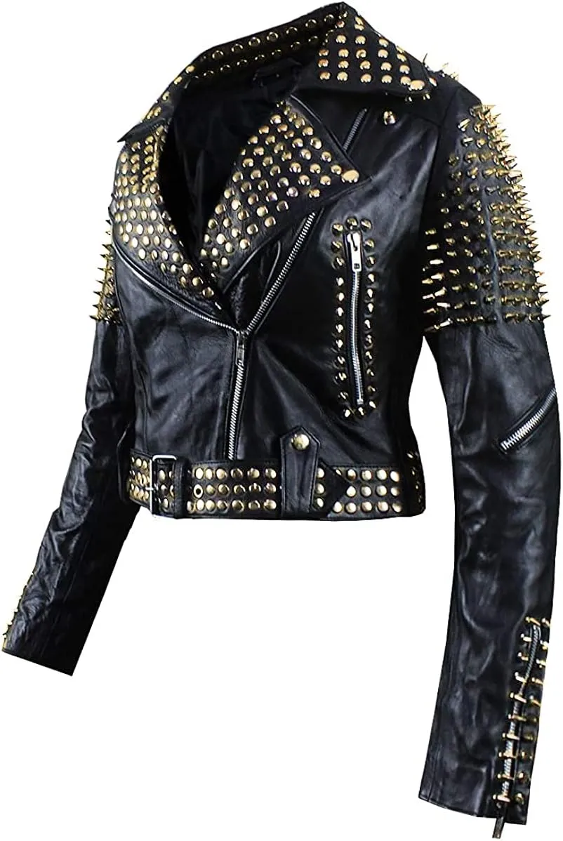 SpazeUp Women's Studded Biker Leather Jacket - Women Vintage Motorcycle Leather Jacket with Spikes