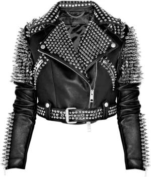 SpazeUp Women's Studded Biker Leather Jacket - Women Vintage Motorcycle Leather Jacket with Spikes