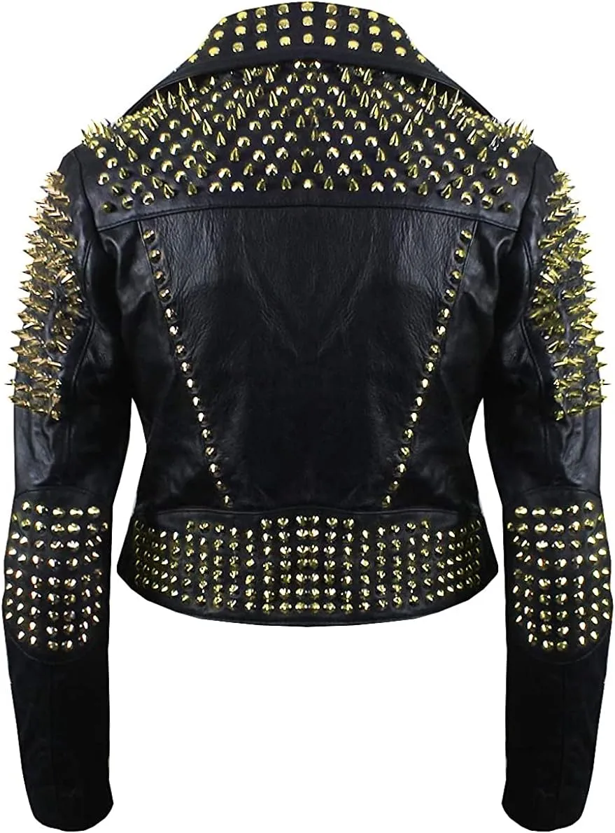 SpazeUp Women's Studded Biker Leather Jacket - Women Vintage Motorcycle Leather Jacket with Spikes