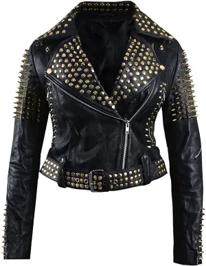 SpazeUp Women's Studded Biker Leather Jacket - Women Vintage Motorcycle Leather Jacket with Spikes