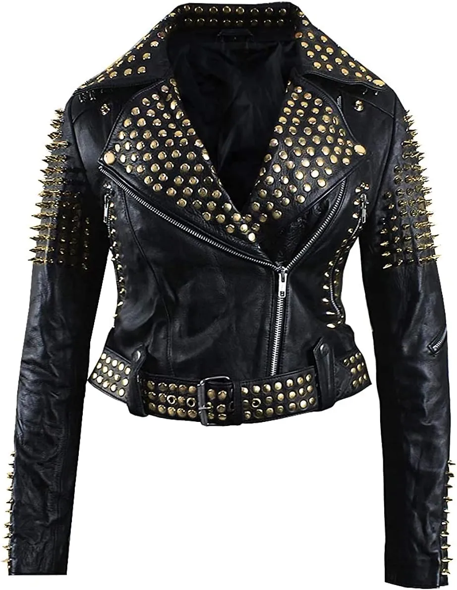 SpazeUp Women's Studded Biker Leather Jacket - Women Vintage Motorcycle Leather Jacket with Spikes