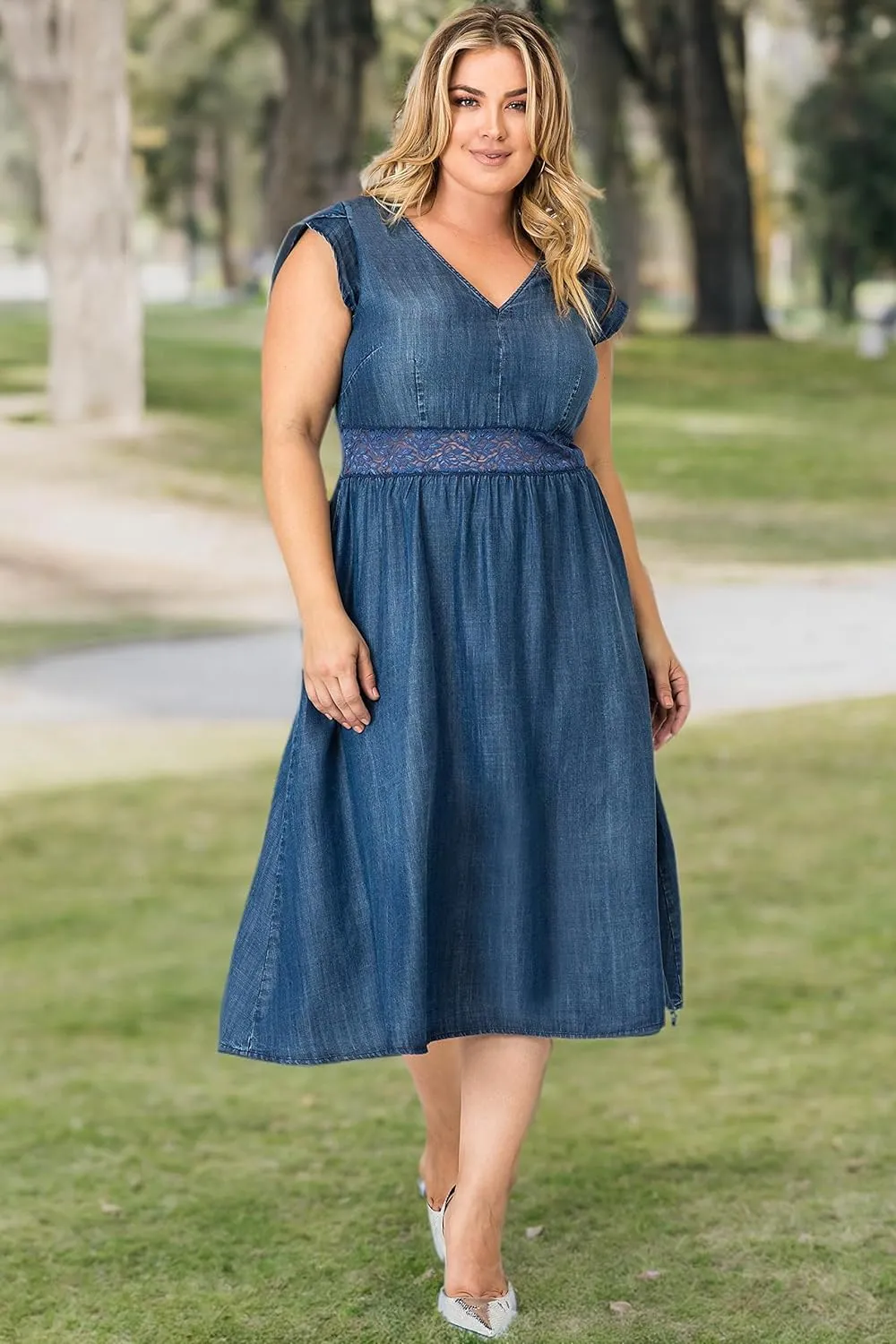 Standards & Practices Plus Size Women's A-Line Short Sleeve Tencel Midi Dress