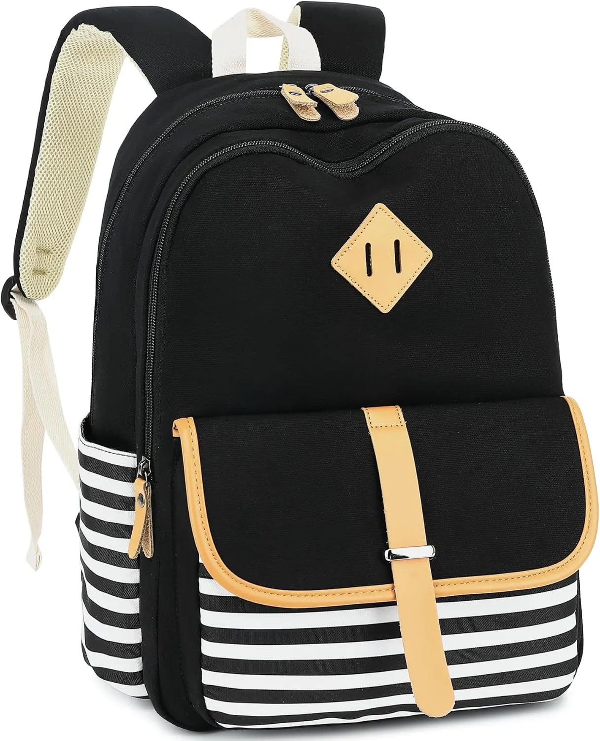 Stripe Stylish Backpack Women College Laptop Backpack Shoulder Bag Daypack Rucksack Black