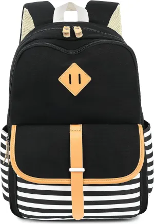 Stripe Stylish Backpack Women College Laptop Backpack Shoulder Bag Daypack Rucksack Black