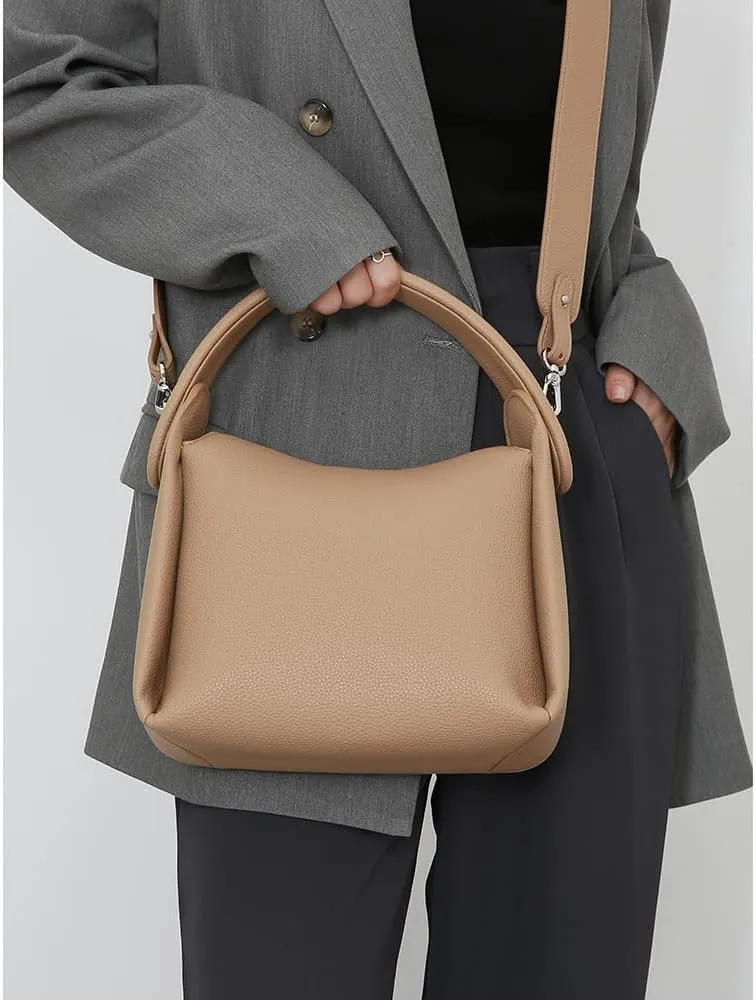 Stylish Vegan Leather Satchel Crossbody Bag for Women - Casual Khaki Handbag Tote