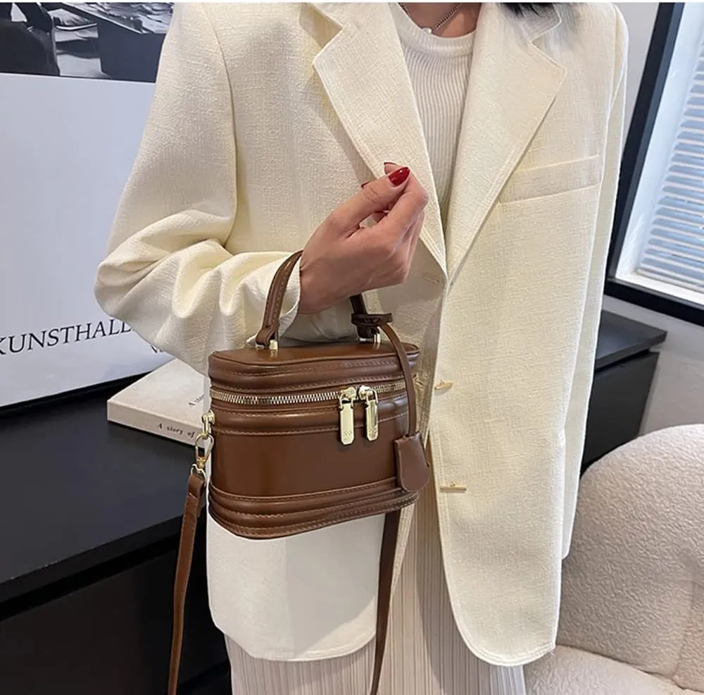 Stylish Womens Retro Leather Bucket Satchel Crossbody Bag - White Fashion Tote Handbag