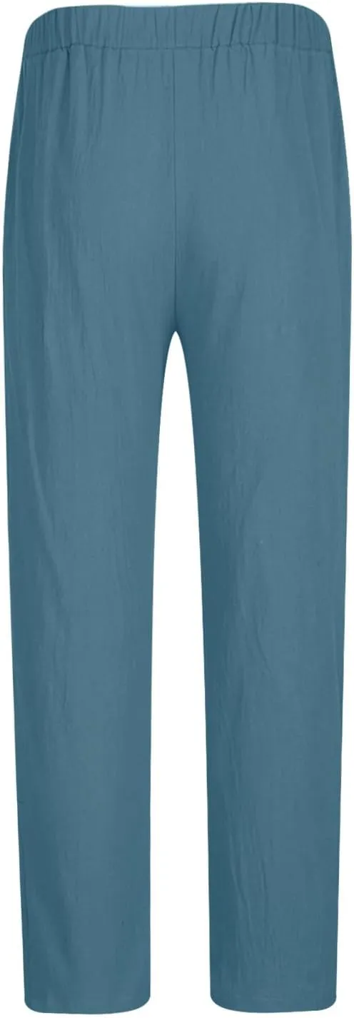 Sweatpants for Men 2024 Summer Trendy Cotton Linen Trousers Elastic Waist Sports Pants Straight Leg Pants with Pokets