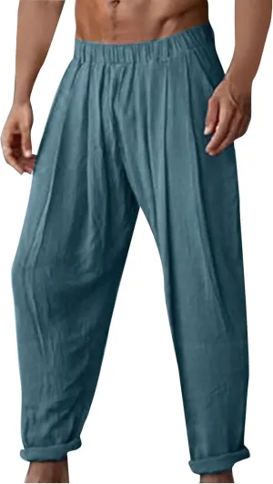 Sweatpants for Men 2024 Summer Trendy Cotton Linen Trousers Elastic Waist Sports Pants Straight Leg Pants with Pokets