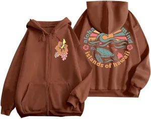 Sweatshirts for Teen Girls Zip Up Fleece Hoodies for Women Hawaii Style Print Drawstring Long Sleeve Oversized Sweatshirt Classic Relaxed Coat Today Clearance Prime Only Brown Medium