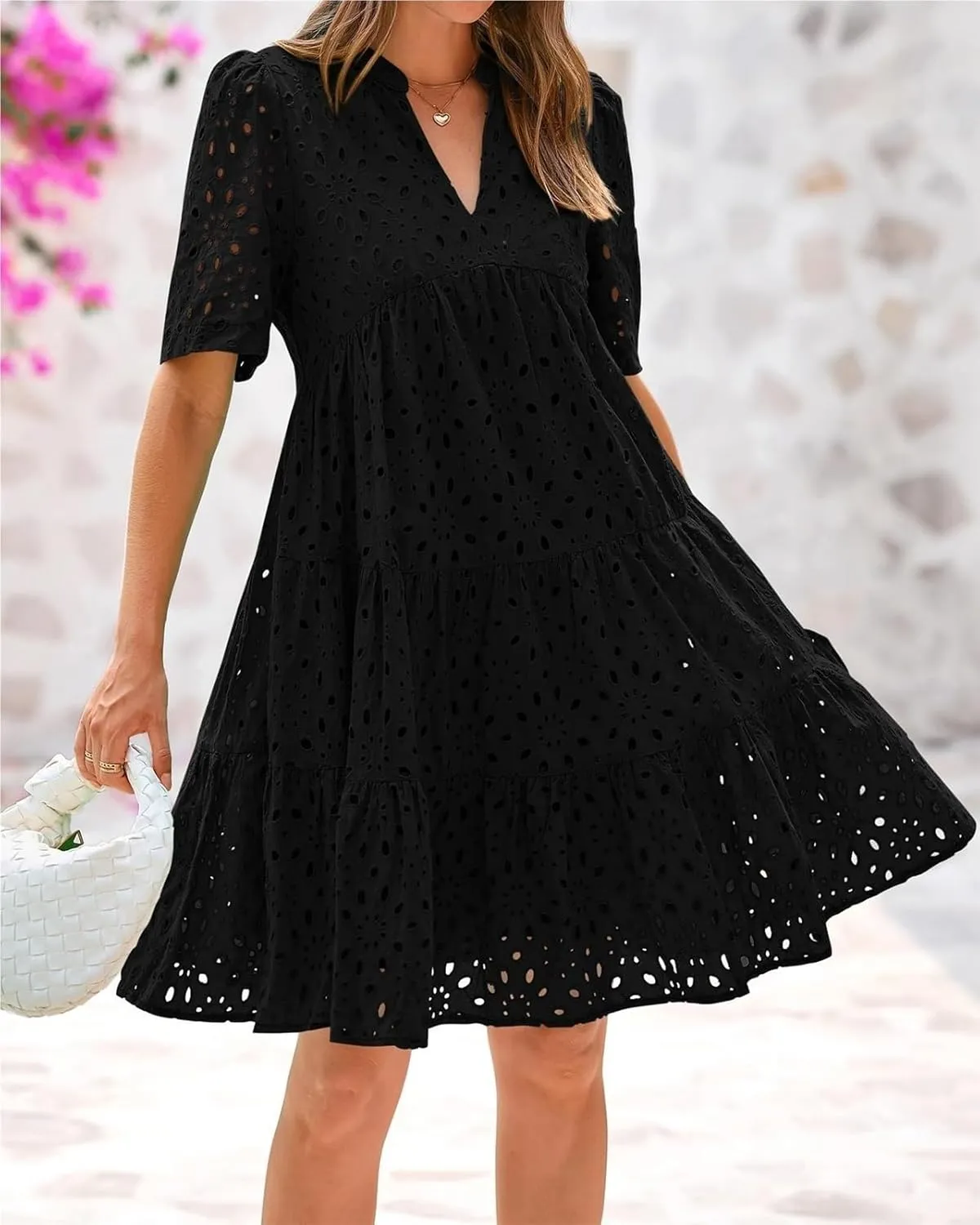 The Beauty North Eyelet Dress, Ruffle Floral Eyelets Dresses for Women, Elegant Hollow Out Lace Ruffle Casual Mini Dress