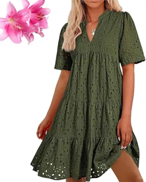 The Beauty North Eyelet Dress, Ruffle Floral Eyelets Dresses for Women, Elegant Hollow Out Lace Ruffle Casual Mini Dress
