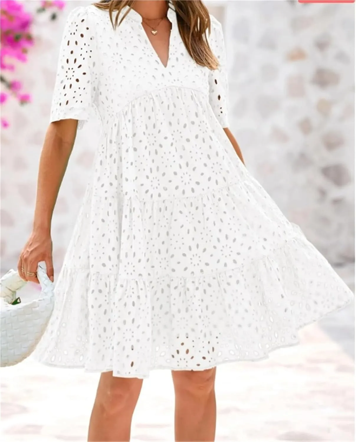 The Beauty North Eyelet Dress, Ruffle Floral Eyelets Dresses for Women, Elegant Hollow Out Lace Ruffle Casual Mini Dress