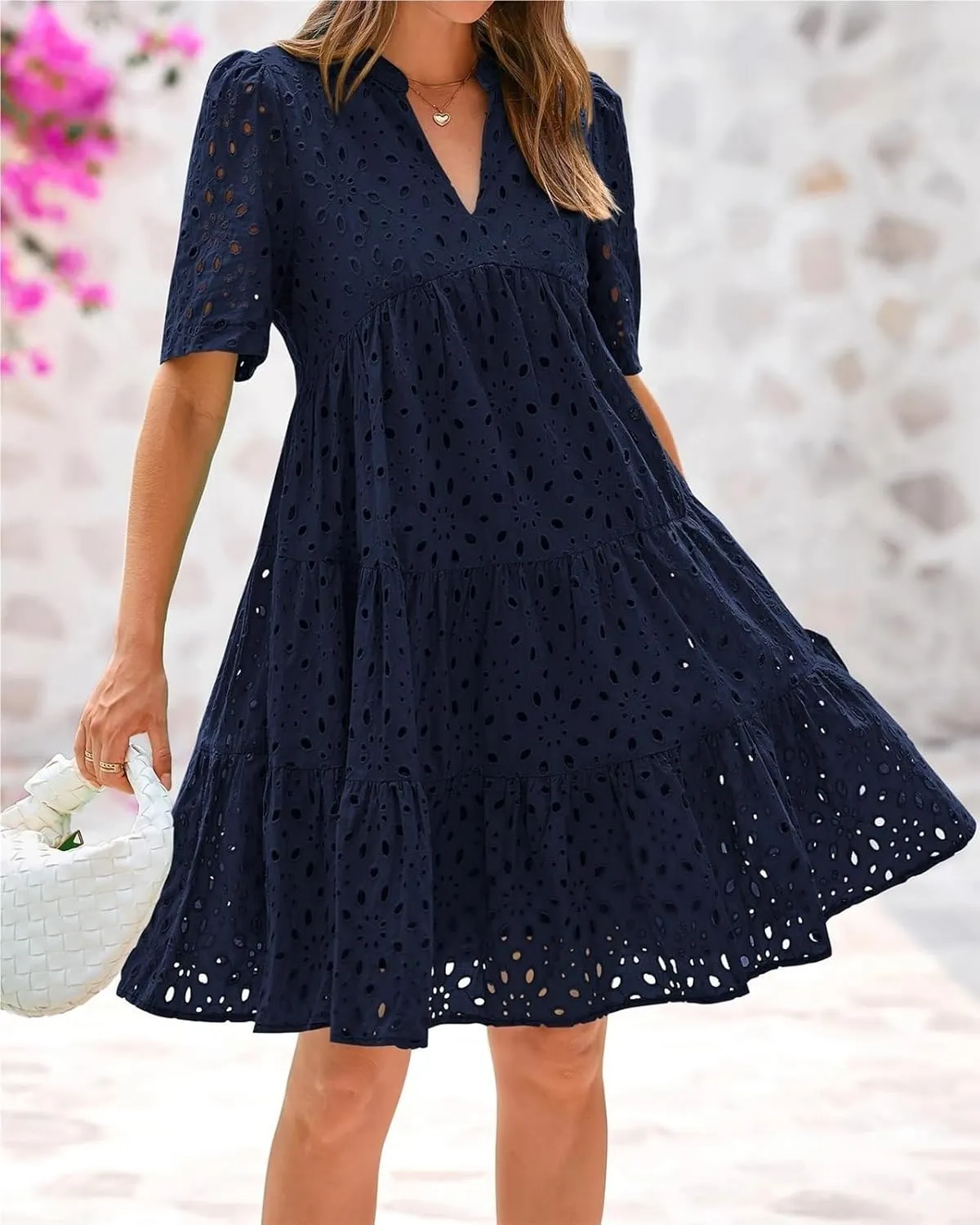 The Beauty North Eyelet Dress, Ruffle Floral Eyelets Dresses for Women, Elegant Hollow Out Lace Ruffle Casual Mini Dress