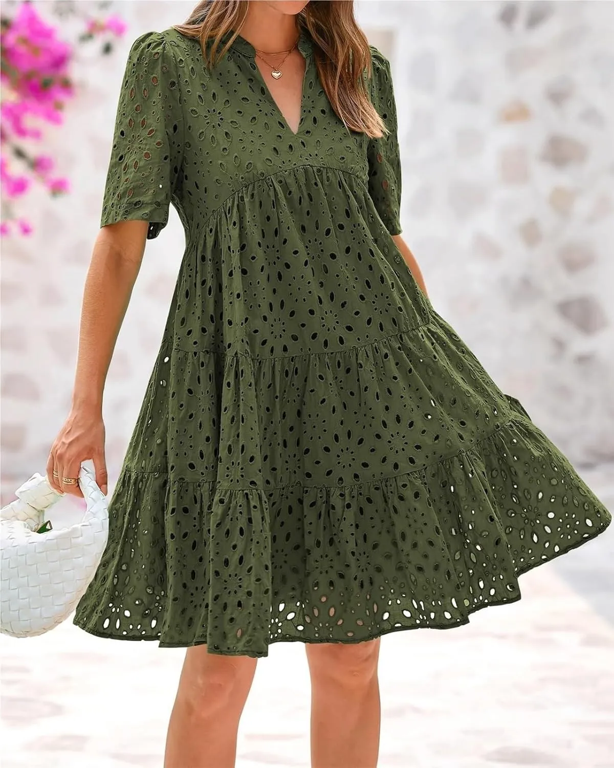 The Beauty North Eyelet Dress, Ruffle Floral Eyelets Dresses for Women, Elegant Hollow Out Lace Ruffle Casual Mini Dress