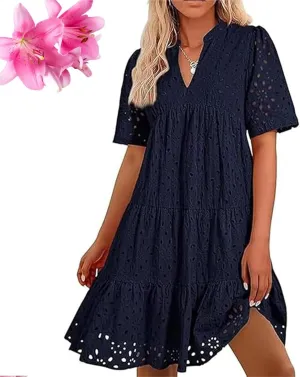 The Beauty North Eyelet Dress, Ruffle Floral Eyelets Dresses for Women, Elegant Hollow Out Lace Ruffle Casual Mini Dress