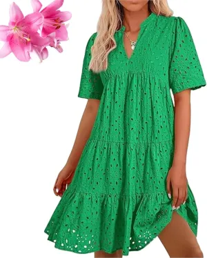 The Beauty North Eyelet Dress, Ruffle Floral Eyelets Dresses for Women, Elegant Hollow Out Lace Ruffle Casual Mini Dress